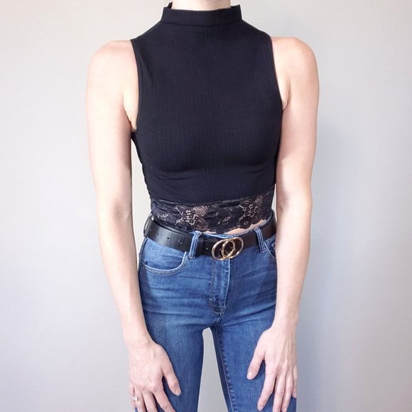 Shasa High Mock Neck Ribbed Black Crop Top - Picture 1 of 11